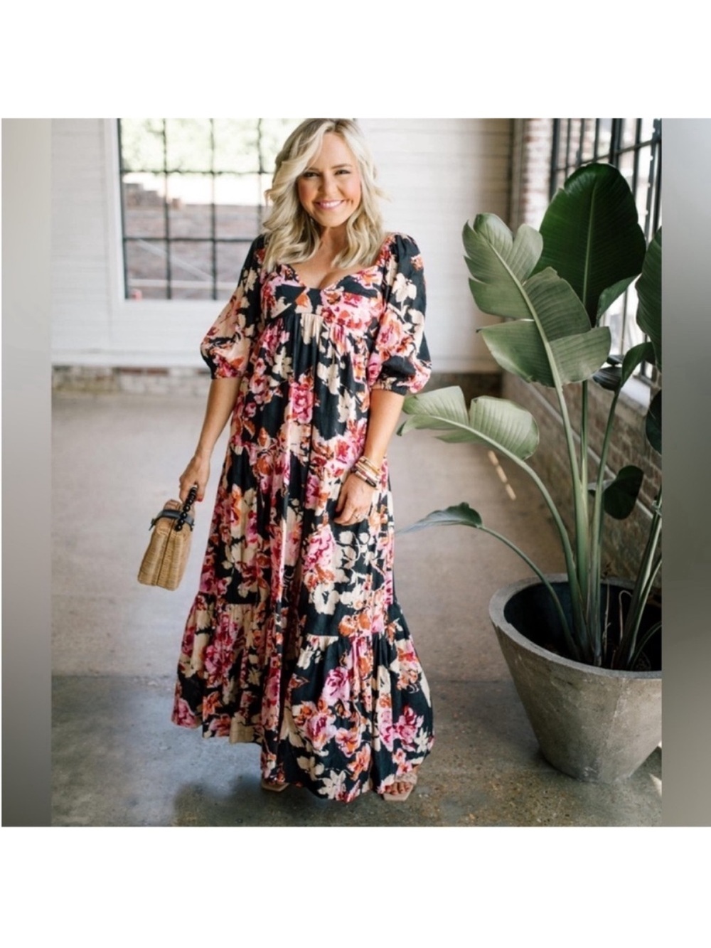 Anthropologie Somerset Floral Puff Sleeve Maxi Dress Black Pink Medium NWT - Picture 4 of 15